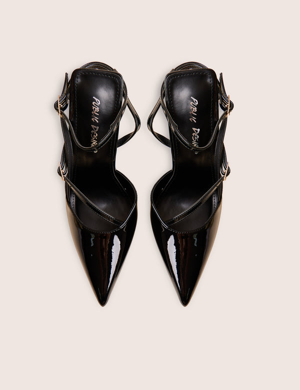 Public Desire Idol Black Patent Buckle Strappy Detail Stiletto Court High Heels