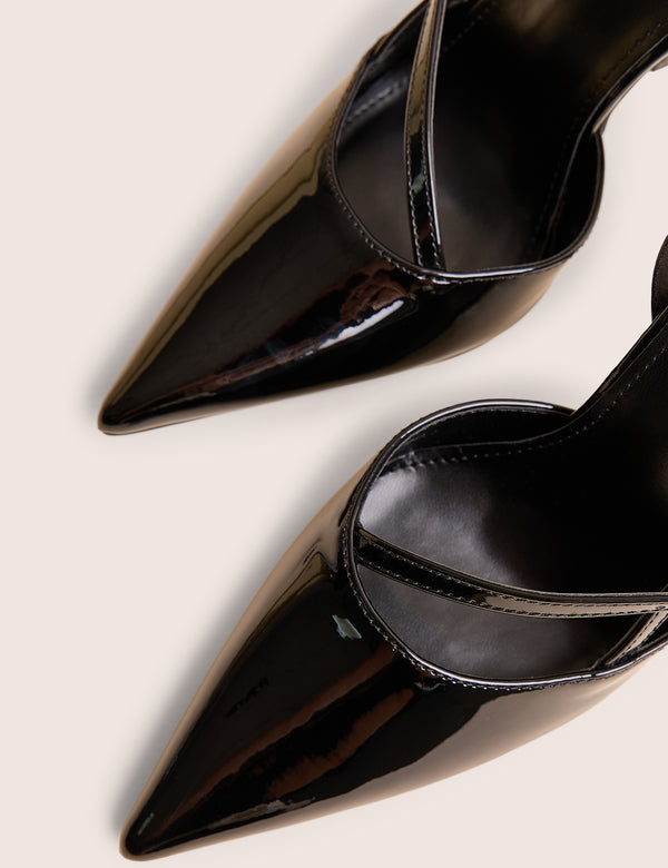 Public Desire Idol Black Patent Buckle Strappy Detail Stiletto Court High Heels