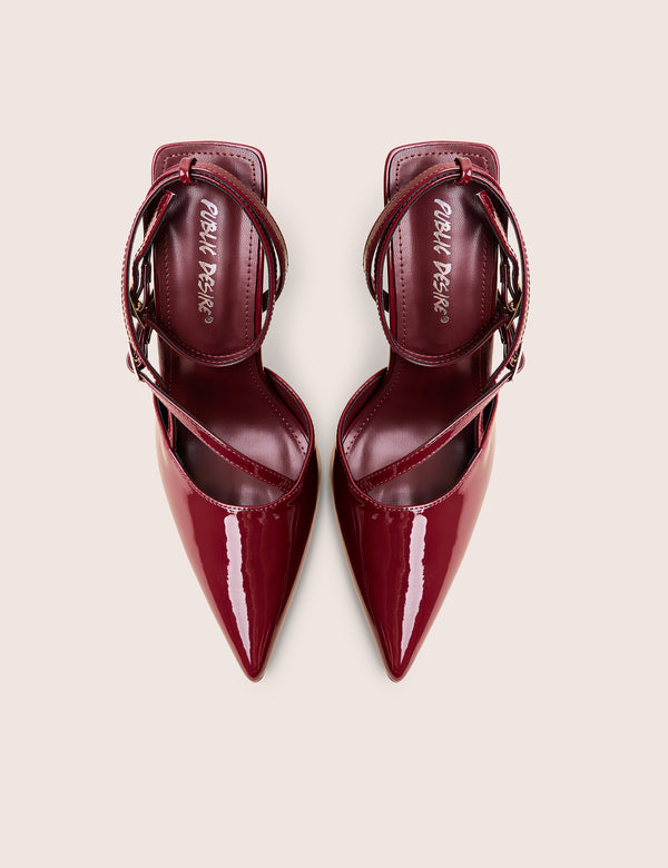 Public Desire Idol Burgundy Patent Buckle Strappy Detail Stiletto Court High Heels