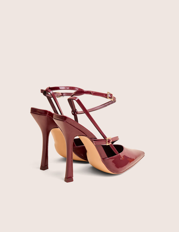 Public Desire Idol Burgundy Patent Buckle Strappy Detail Stiletto Court High Heels