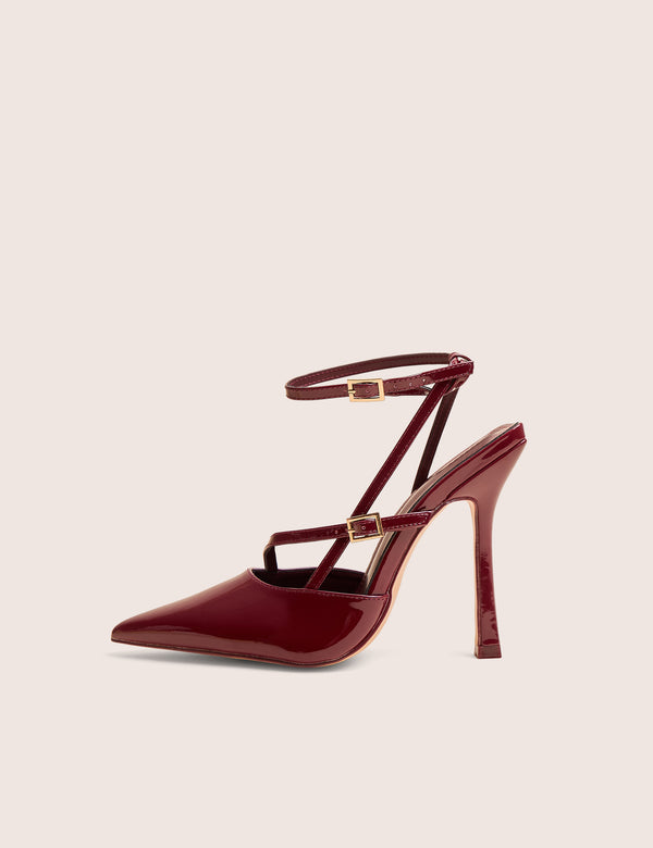 public desire Idol Burgundy Patent Buckle Strappy Detail Stiletto Court High Heels