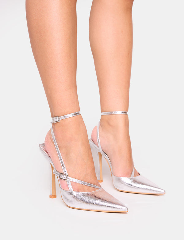 public desire Idol Cracked Silver Buckle Strappy Detail Stiletto Court High Heels