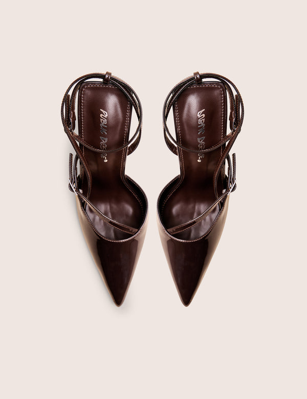 Public Desire Idol Dark Chocolate Patent Buckle Strappy Detail Stiletto Court High Heels