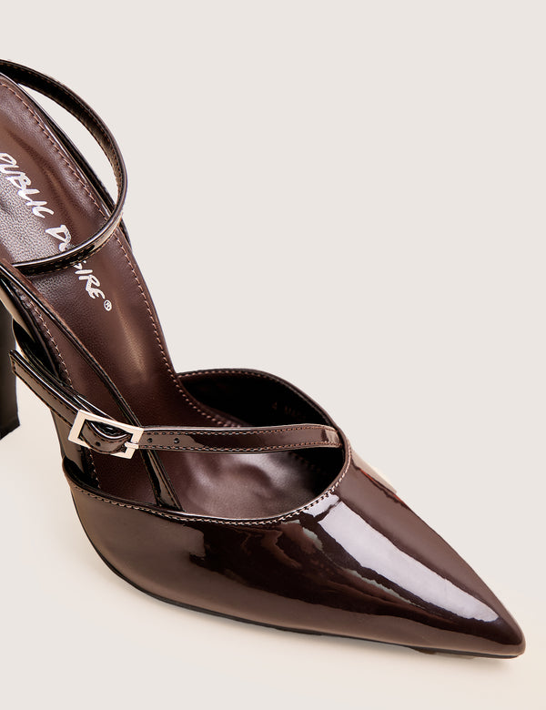 Public Desire Idol Dark Chocolate Patent Buckle Strappy Detail Stiletto Court High Heels