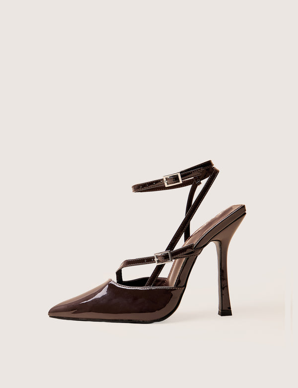 public desire Idol Dark Chocolate Patent Buckle Strappy Detail Stiletto Court High Heels