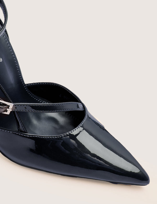 Public Desire Idol Navy Patent Buckle Strappy Detail Stiletto Court High Heels