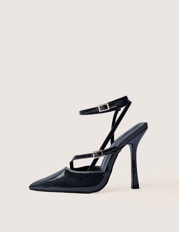 public desire Idol Navy Patent Buckle Strappy Detail Stiletto Court High Heels