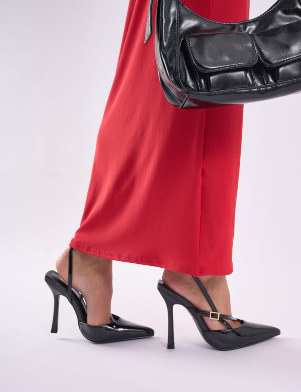 Public Desire Idol Wide Fit Black Patent Buckle Strappy Detail Stiletto Court High Heels