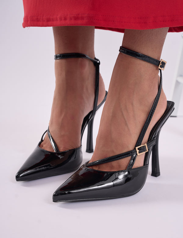 public desire Idol Wide Fit Black Patent Buckle Strappy Detail Stiletto Court High Heels