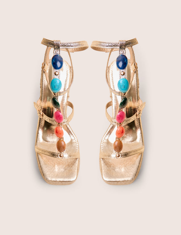 Public Desire Iliana Cracked Gold Pu Beaded Trim Strappy Jute Wedges