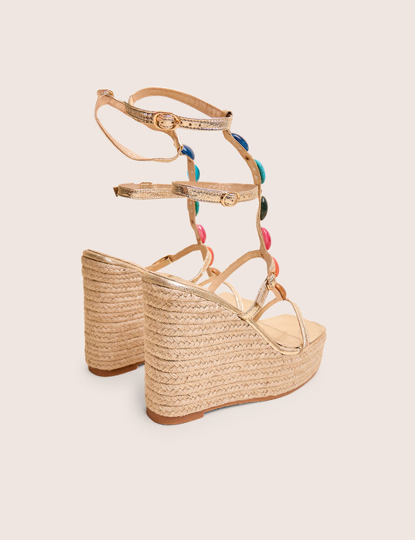 Public Desire Iliana Cracked Gold Pu Beaded Trim Strappy Jute Wedges