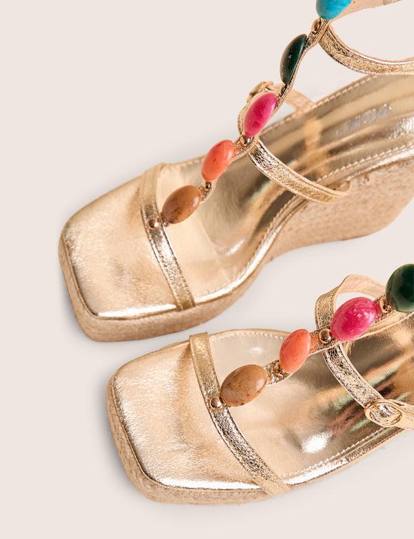 Public Desire Iliana Cracked Gold Pu Beaded Trim Strappy Jute Wedges