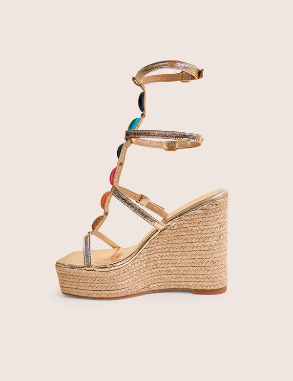public desire Iliana Cracked Gold Pu Beaded Trim Strappy Jute Wedges