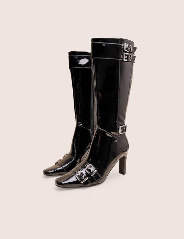 Public Desire Ines Black Patent Buckle Detail Knee High Heeled Boots