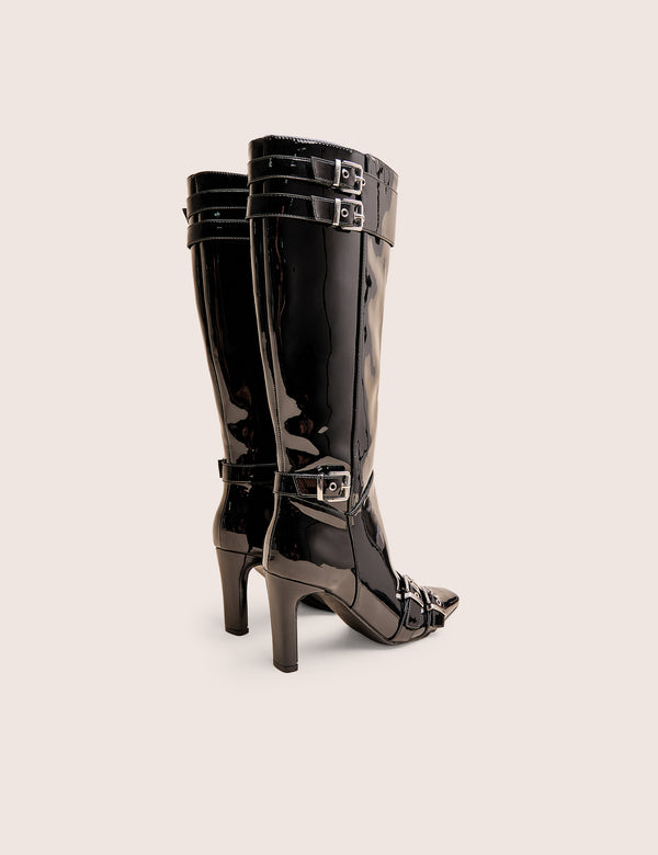 Public Desire Ines Black Patent Buckle Detail Knee High Heeled Boots