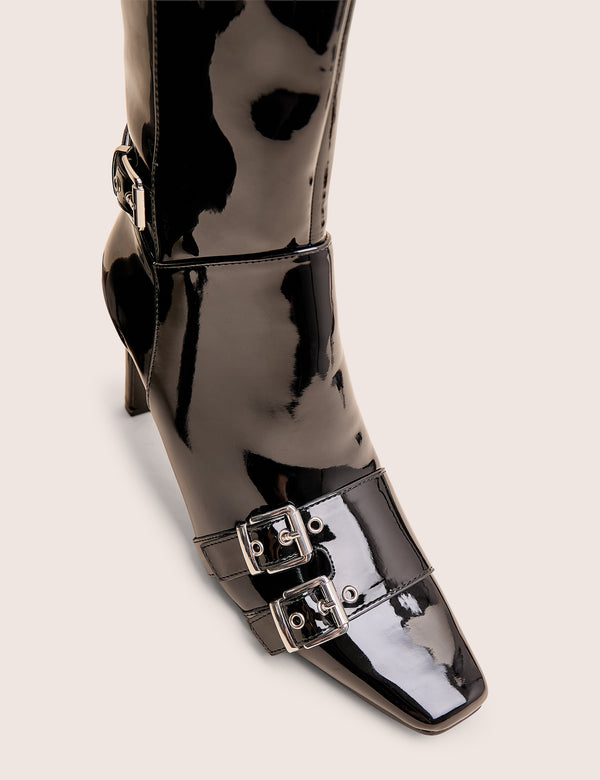 Public Desire Ines Black Patent Buckle Detail Knee High Heeled Boots