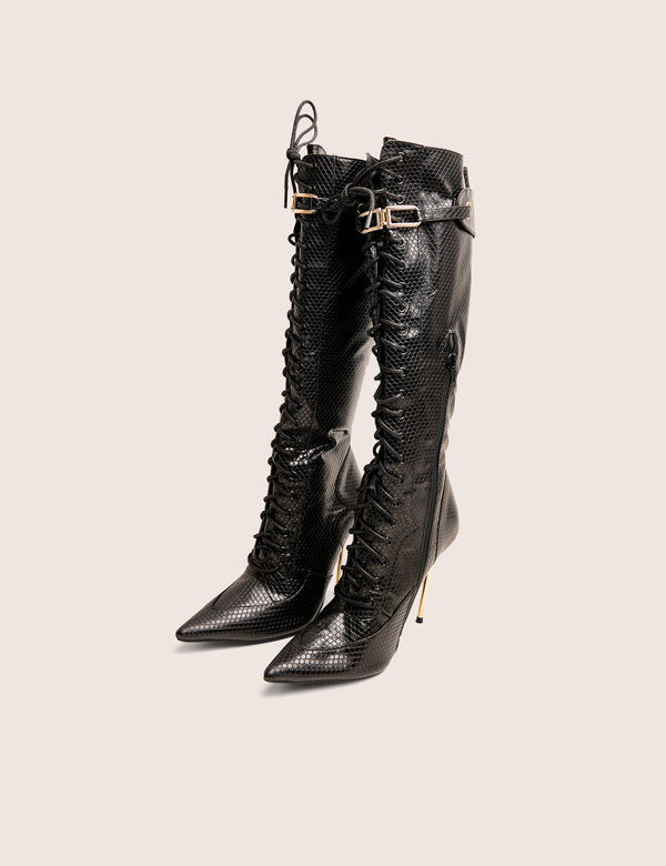 Public Desire Infatuated Black Croc Lace Up Buckle Feature Stiletto Knee High Boots