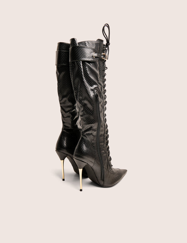 Public Desire Infatuated Black Croc Lace Up Buckle Feature Stiletto Knee High Boots