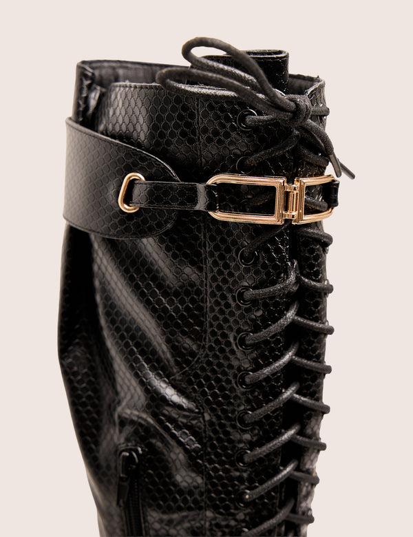 Public Desire Infatuated Black Croc Lace Up Buckle Feature Stiletto Knee High Boots