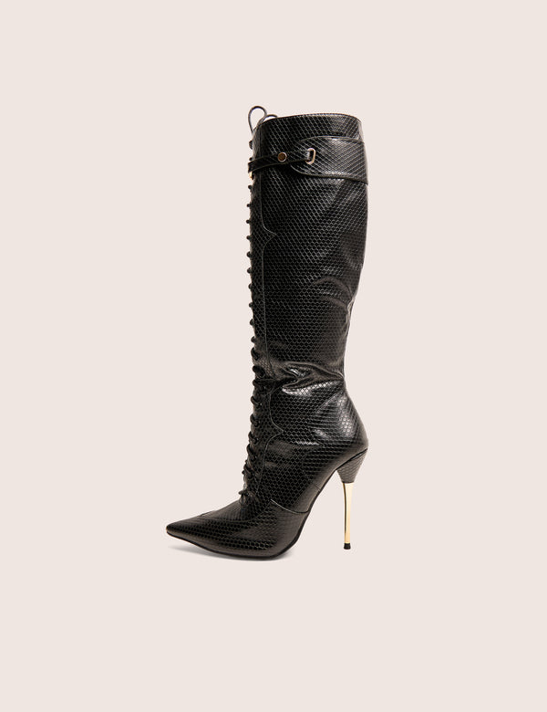 public desire Infatuated Black Croc Lace Up Buckle Feature Stiletto Knee High Boots