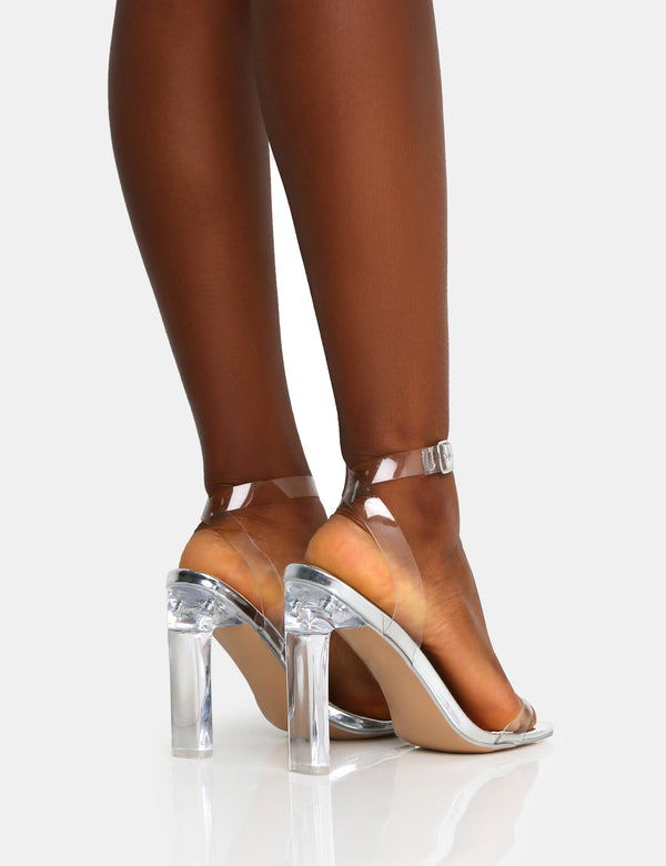 Public Desire Inka Silver Mirror Perspex Round Toe Flat Block Heels