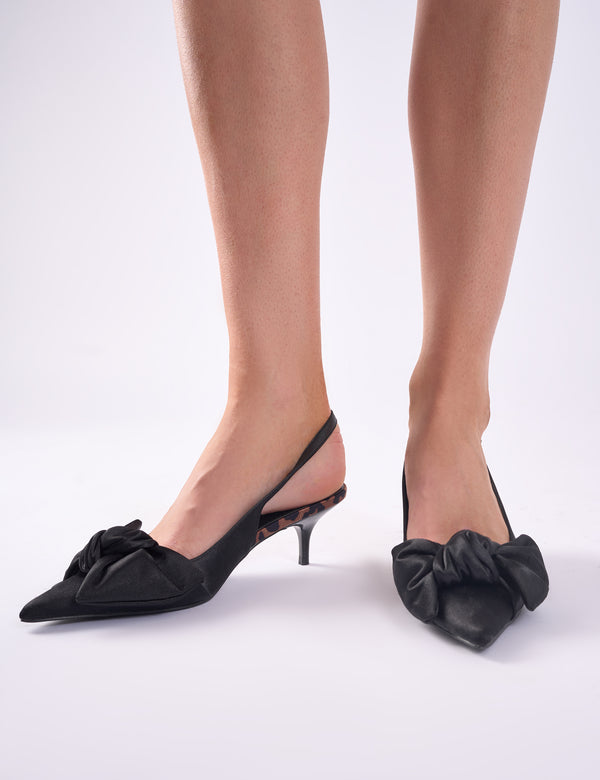 Public Desire Iris Black Bow Detail Satin Black Sling Back Kitten Heel Court Shoes