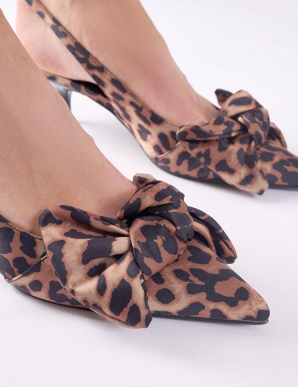 Public Desire Iris Leopard Bow Detail Satin Leopard Sling Back Kitten Heel Court Shoes