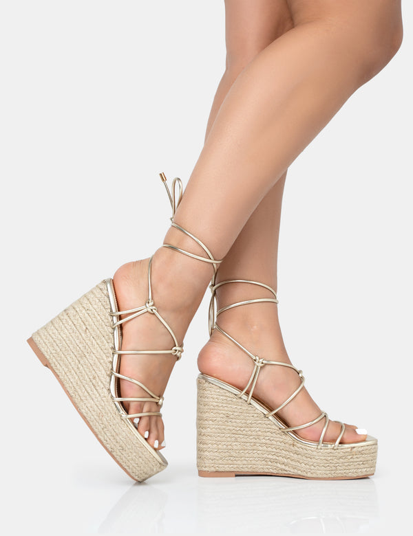 Public Desire Islander Gold Lace Up Square Toe High Heeled Sandal Esparille Wedges
