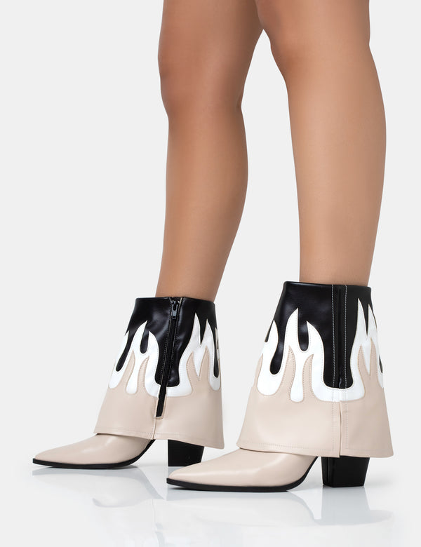 Public Desire Jackson Black & Nude Flame Fold Over Pointed Toe Western Ankle Boots