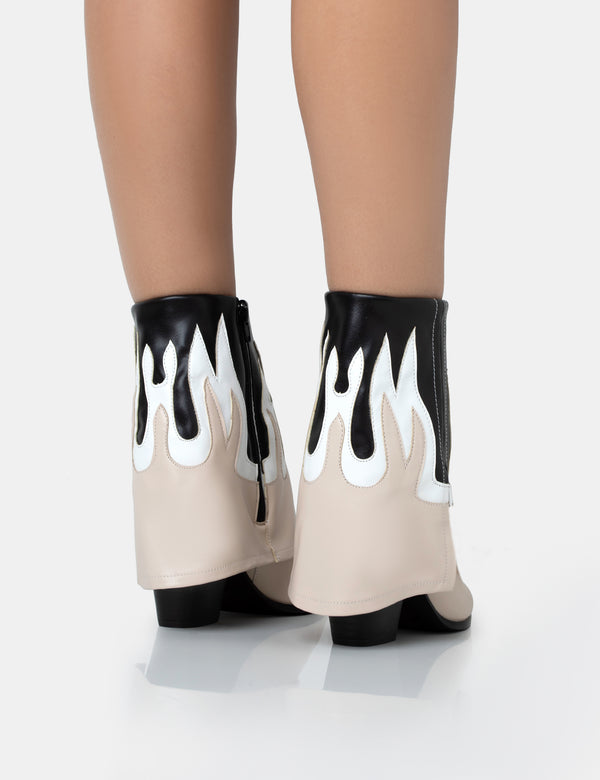 Public Desire Jackson Black & Nude Flame Fold Over Pointed Toe Western Ankle Boots