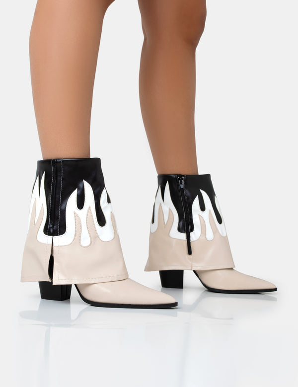 public desire Jackson Black & Nude Flame Fold Over Pointed Toe Western Ankle Boots
