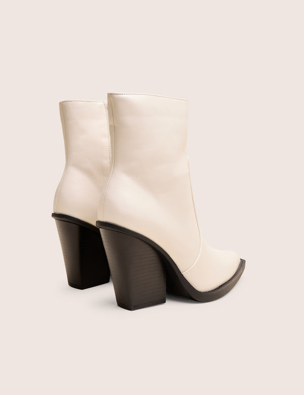 Public Desire Jessie White Pu Western Black Contrast Sole Block Heeled Ankle Boots