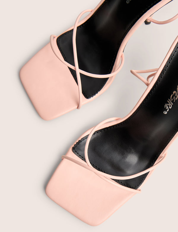 Public Desire Jiggy Light Pink Pu Stiletto Square Toe Barely There Heels