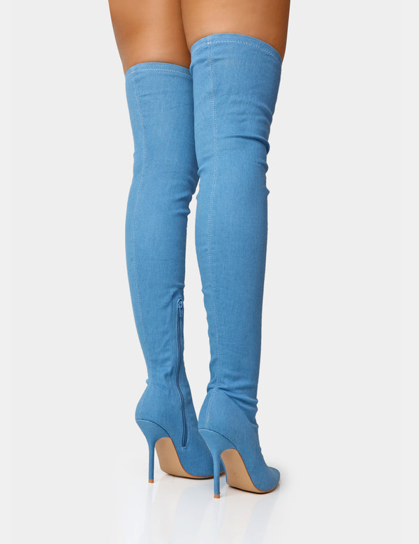 Public Desire Jodie Blue Denim Seam Detail Pointed Toe Stiletto Over The Knee Boots