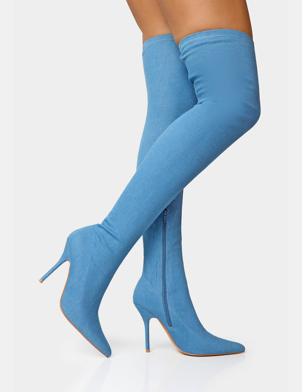Public Desire Jodie Blue Denim Seam Detail Pointed Toe Stiletto Over The Knee Boots