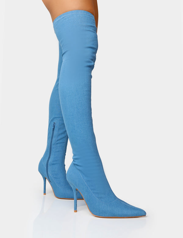 Public Desire Jodie Blue Denim Seam Detail Pointed Toe Stiletto Over The Knee Boots