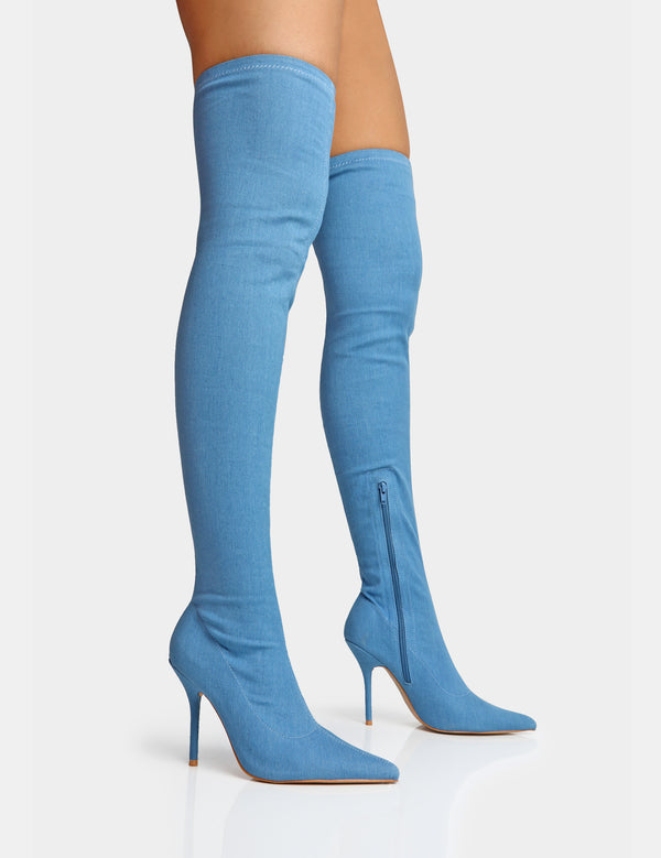 public desire Jodie Blue Denim Seam Detail Pointed Toe Stiletto Over The Knee Boots