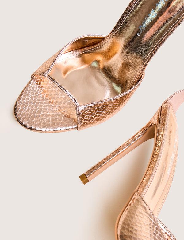 Public Desire Kalisto Gold Snake Pu Lace Up Round Toe Mid Heels