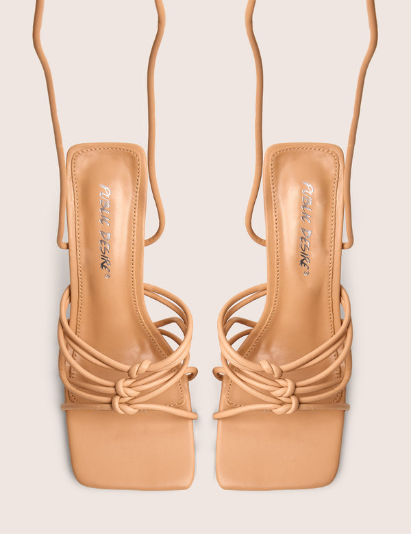 Public Desire Keri Wide Fit Nude Pu Strappy Lace Up Mid Heels