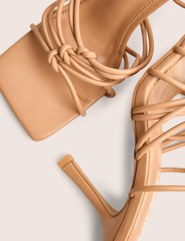 Public Desire Keri Wide Fit Nude Pu Strappy Lace Up Mid Heels