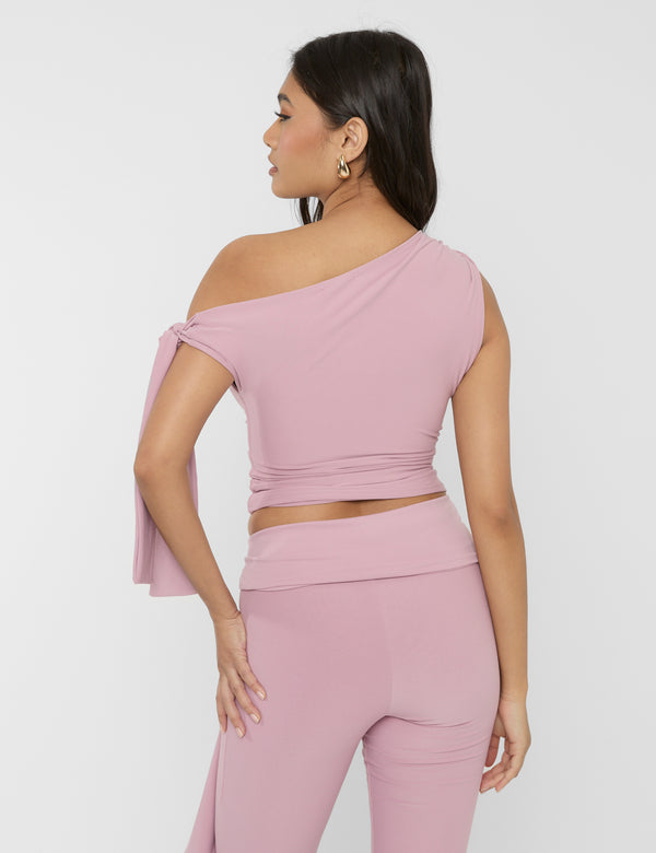 Public Desire Knot Detail Asymmetric Luxe Slinky One Shoulder Top Mauve