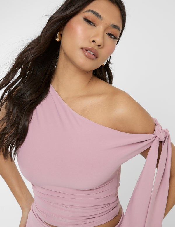 Public Desire Knot Detail Asymmetric Luxe Slinky One Shoulder Top Mauve