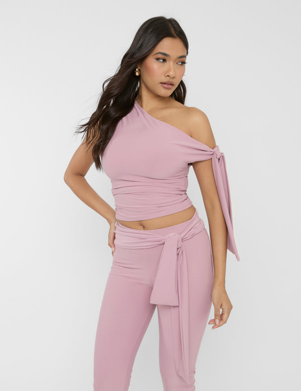 Public Desire Knot Detail Asymmetric Luxe Slinky One Shoulder Top Mauve
