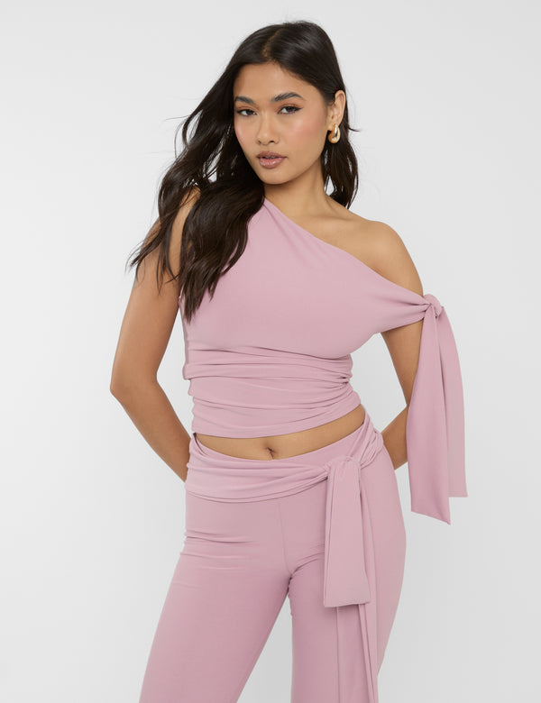 public desire Knot Detail Asymmetric Luxe Slinky One Shoulder Top Mauve