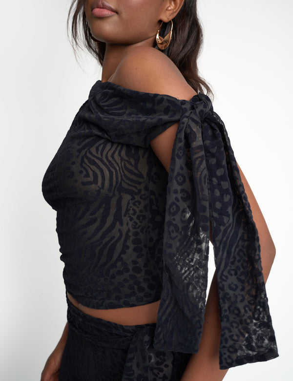 Public Desire Knot Detail Asymmetric One Shoulder Leopard Devore Top Black