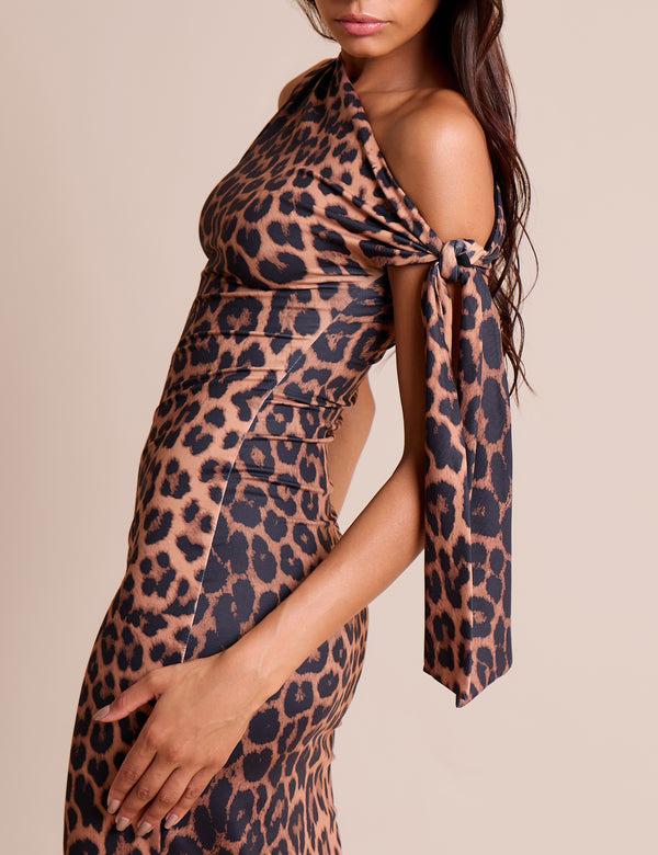 Public Desire Knot Detail Asymmetric One Shoulder Luxe Slinky Maxi Dress Leopard