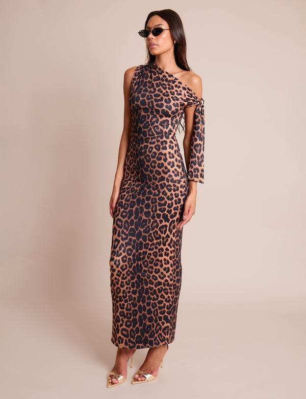 Public Desire Knot Detail Asymmetric One Shoulder Luxe Slinky Maxi Dress Leopard