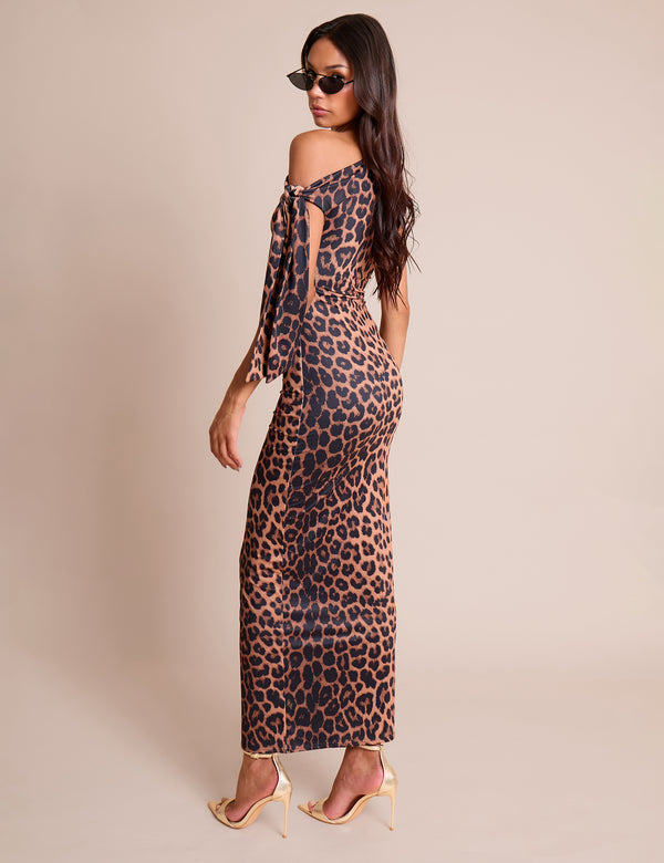 Public Desire Knot Detail Asymmetric One Shoulder Luxe Slinky Maxi Dress Leopard