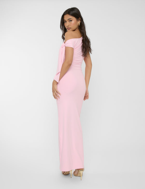 Public Desire Knot Detail Asymmetric One Shoulder Luxe Slinky Maxi Dress Soft Pink