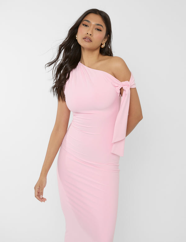 Public Desire Knot Detail Asymmetric One Shoulder Luxe Slinky Maxi Dress Soft Pink